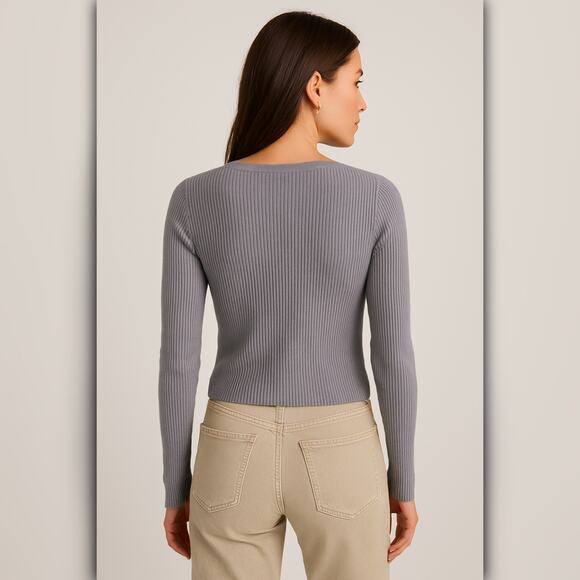 A197-B • Ribbed Button-Front V-Neck Cardigan - Picture 2 of 4